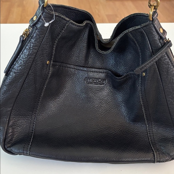 AMERICAN LEATHER COMPANY BLACK SHOULDER BAG BRASS HARDWARE SNAP POCKET ON FRONT - Picture 6 of 12